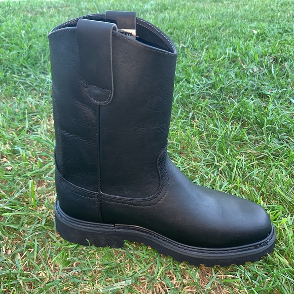 Men’s STEEL TOE pull on Leather work Boots Black - Picture 5 of 7